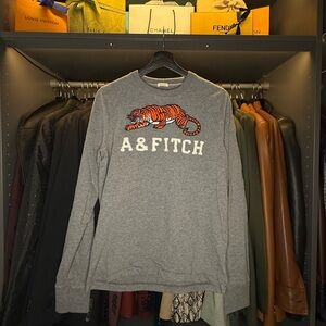 VINTAGE Y2K Men’s Abercrombie & Fitch Long-Sleeve Graphic Tiger T-Shirt in Grey